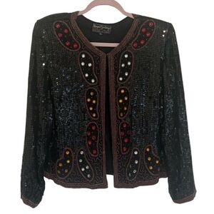 Vintage Beaded Sequin Jacket Black Multicolor Embellished Open Front Boho XL